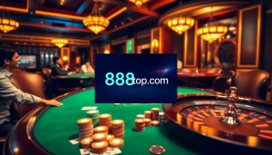 Experience high-stakes play with 888top com at a luxurious poker table surrounded by excitement.