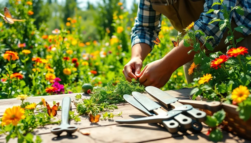 Gardening expert harvesting fresh vegetables in a vibrant garden filled with flowers.