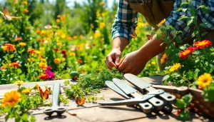 Gardening expert harvesting fresh vegetables in a vibrant garden filled with flowers.