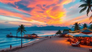 Travel destinations at sunset showcasing a serene beach with colorful skies and distant mountains.