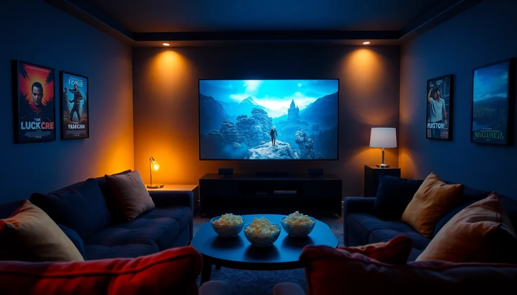 Cozy home theater with a screen displaying filme scene, popcorn, and comfy seating.