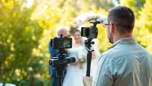Videographer filming a wedding ceremony in a lush, sunny garden with a couple exchanging vows.