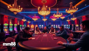 Players at a poker table in a luxurious mm88 casino atmosphere.