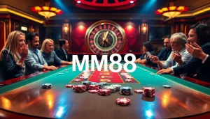 Experience excitement at MM88's casino table with vibrant chips and high-stakes gaming action.