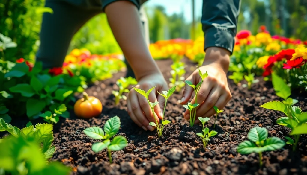 Gardening enthusiast planting seedlings in vibrant vegetable garden soil.