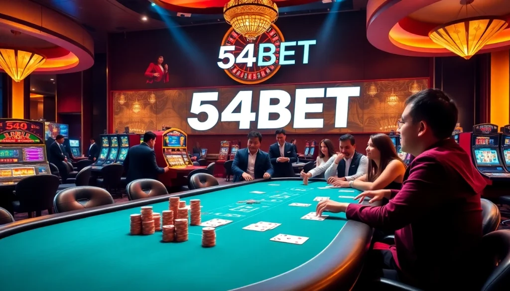 Experience the thrill of betting at 54BET with a dazzling casino setting featuring poker tables and slots.