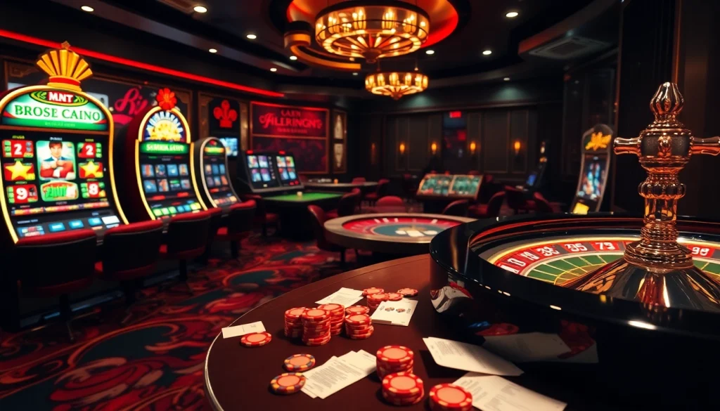 Players engage with muji138 slot machines in a lavish casino filled with vibrant tables and chips.