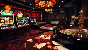 Players engage with muji138 slot machines in a lavish casino filled with vibrant tables and chips.