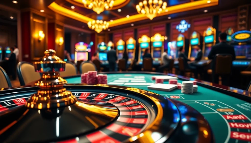 Experience the thrill of Bl555 with vibrant casino games, poker chips, and roulette in a luxurious setting.