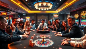 Experience the excitement of tải 789club as players engage at a luxurious poker table in a vibrant casino environment.