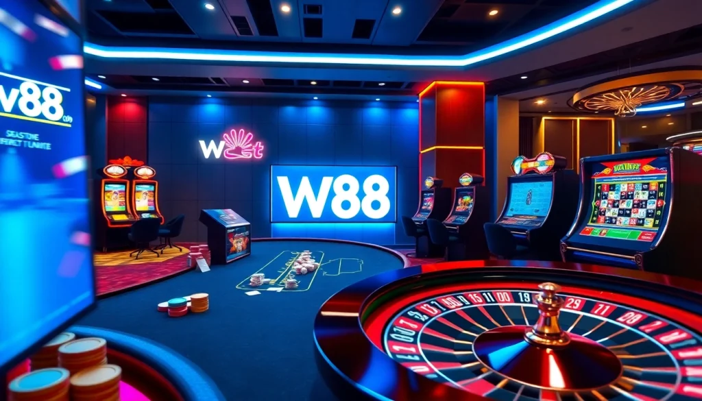 Engaging interface showcasing the W88 link amidst a vibrant casino setup.