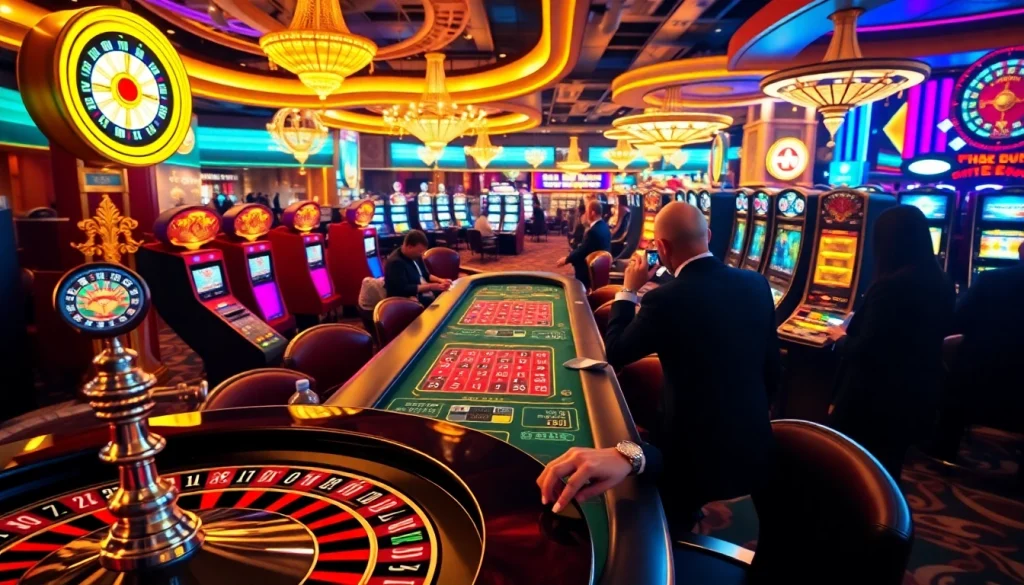 Experience the thrill of gambling at okfun casino with vibrant tables and excited players.