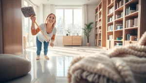 Engaged cleaning service professional dusting bookshelves in a bright, modern home.