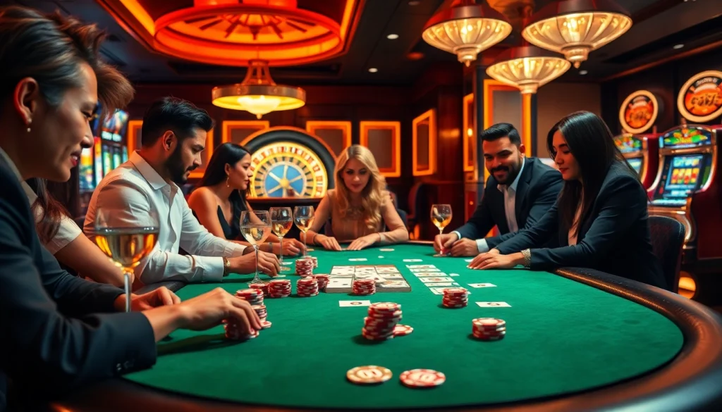 Players engaging in an exciting game at the MMOO casino poker table, showcasing high-stakes action and luxury.