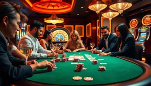 Players engaging in an exciting game at the MMOO casino poker table, showcasing high-stakes action and luxury.