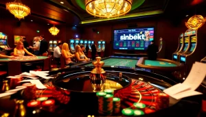 Exciting game scene showcasing sinbet.ink with roulette, poker chips, and vibrant slot machines.