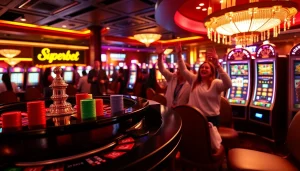 Enjoy thrilling Superbet experiences at a vibrant casino with roulette, slots, and excited players.