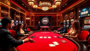 An engaging gaming scene at a luxurious casino showcasing the W88 link for players, highlighting poker tables and vibrant slot machines.