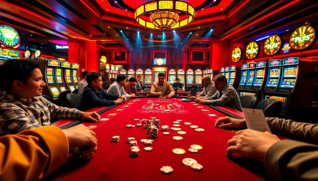 Players engaging in a thrilling poker game at S8 casino, surrounded by vibrant slot machines.