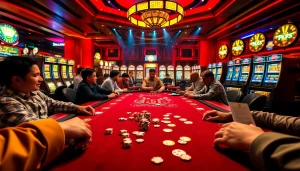 Players engaging in a thrilling poker game at S8 casino, surrounded by vibrant slot machines.