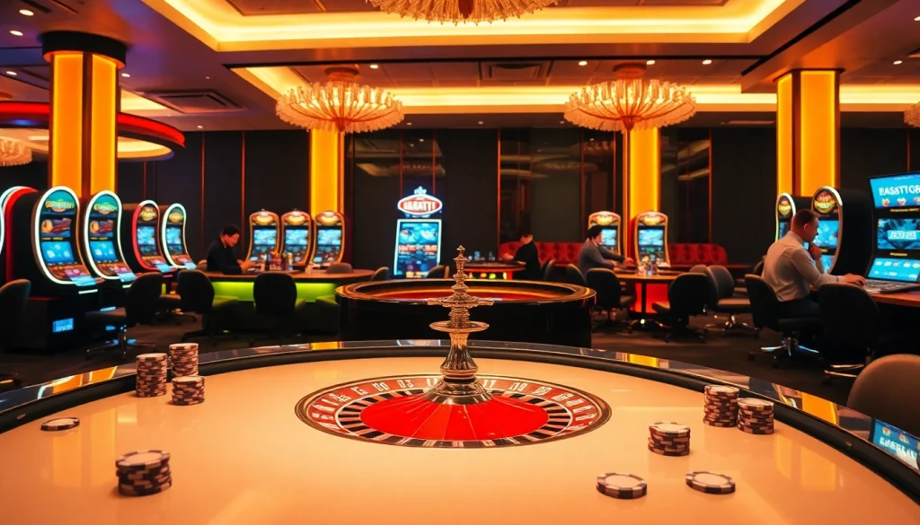 Experience thrilling gameplay at Bugatti8 with poker chips and a bustling casino scene featuring a roulette wheel.