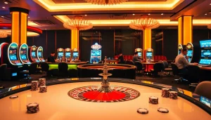 Experience thrilling gameplay at Bugatti8 with poker chips and a bustling casino scene featuring a roulette wheel.