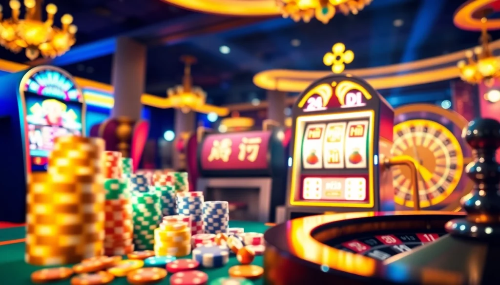 A thrilling slot machine featuring nổ hũ enticing players with vibrant chips and roulette wheels.