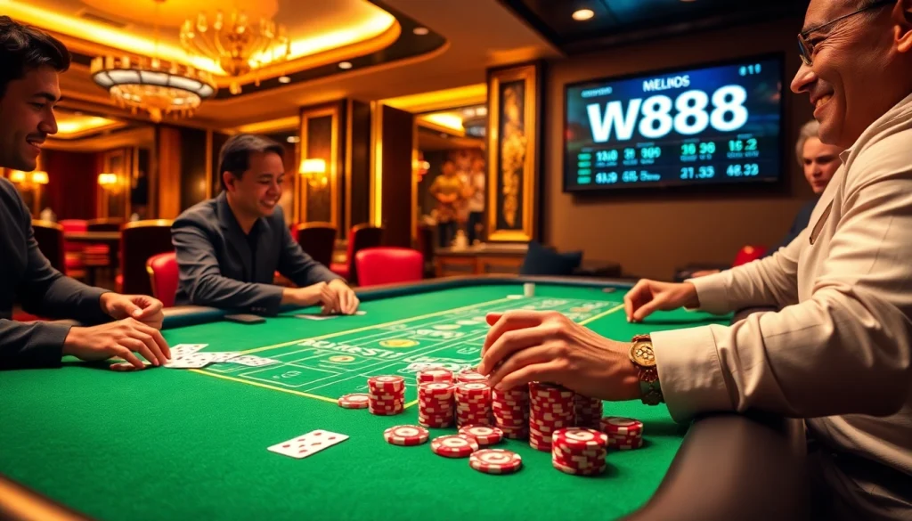 W88 players enjoying a thrilling online casino experience with poker chips and cards.