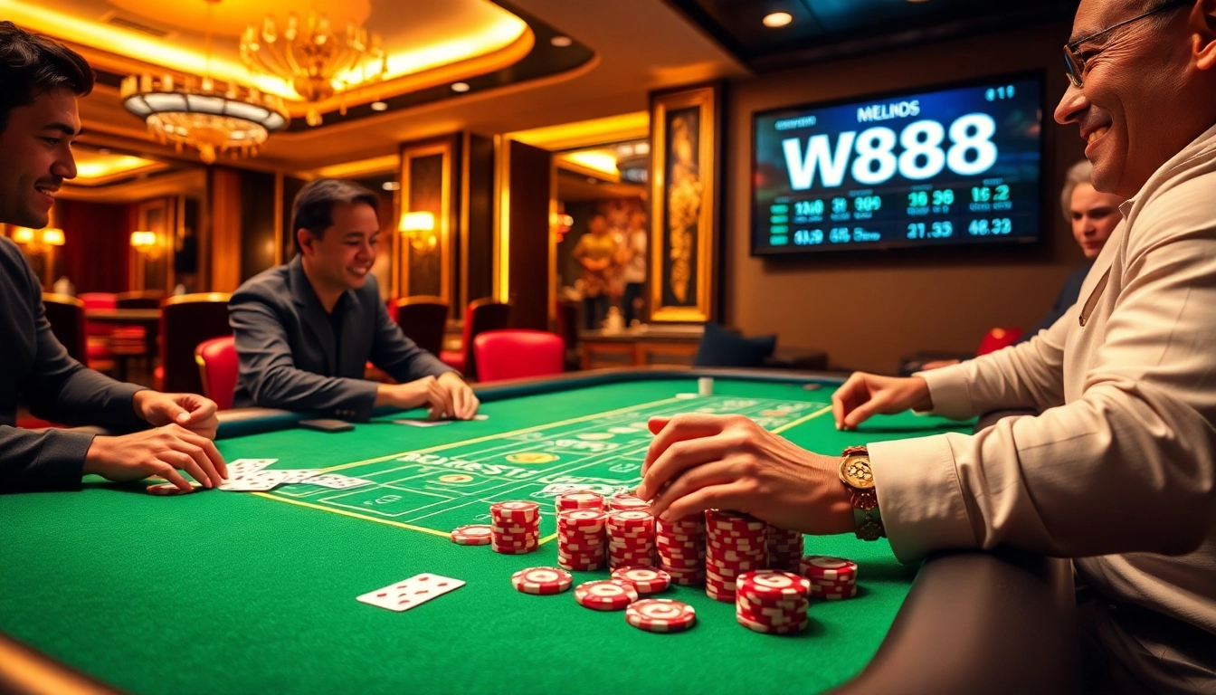 W88 players enjoying a thrilling online casino experience with poker chips and cards.