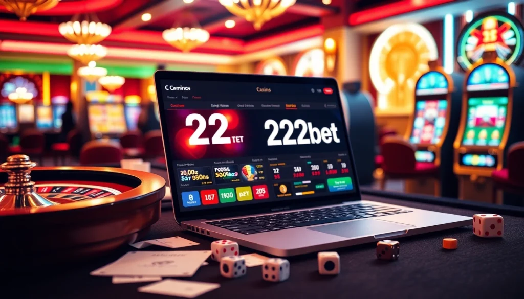 22bet online casino interface displaying an exciting roulette wheel, poker chips, and vibrant slot machines.