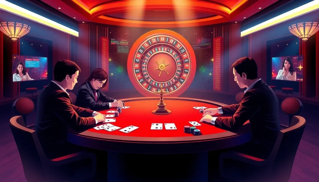 Exciting gameplay at DR88 nhà cái uy tín online casino with poker tables and vibrant atmosphere.