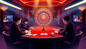 Exciting gameplay at DR88 nhà cái uy tín online casino with poker tables and vibrant atmosphere.