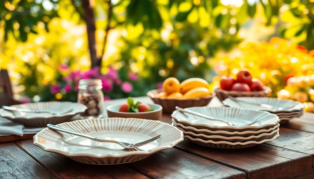 Showcase of compostable sugarcane plates elegantly arranged amidst fresh fruits and utensils.