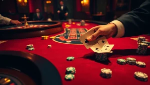 Players engaging in a high-stakes game, showcasing excitement and strategy within an elegant casino setting, embodying the phrase Nếu như vậy bám vào đây.