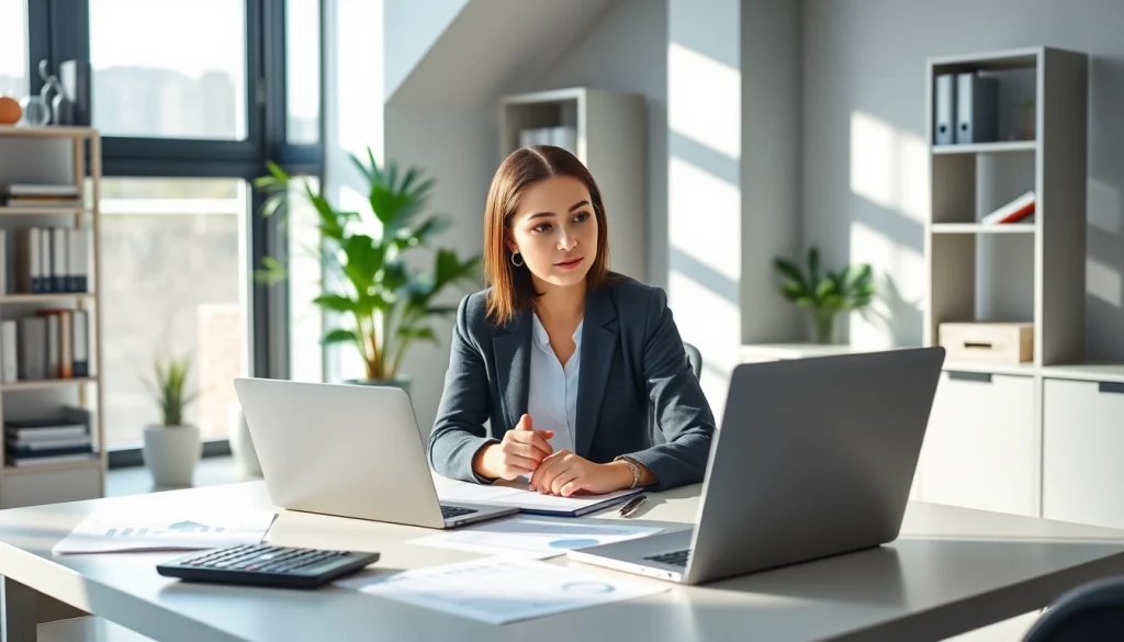 Profesjonalna konsultacja w zakresie księgowości dla firm w nowoczesnym biurze z wykresami i dokumentami.