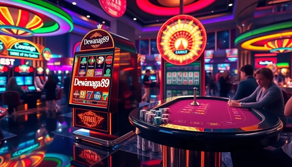 Dewanaga89 slot login di kasino mewah dengan lampu berwarna-warni dan pemain yang antusias.