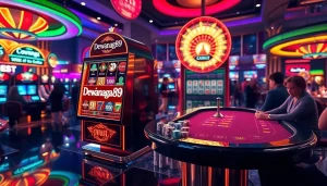 Dewanaga89 slot login di kasino mewah dengan lampu berwarna-warni dan pemain yang antusias.