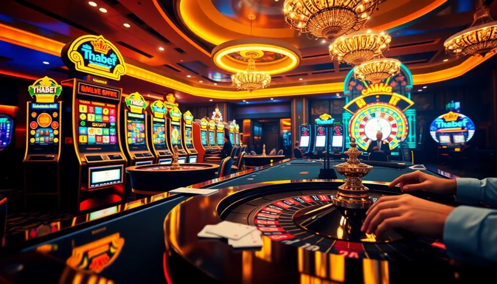 Engaged players at the Thabet online casino with vibrant slot machines and roulette.