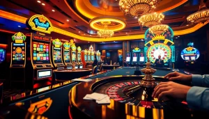 Engaged players at the Thabet online casino with vibrant slot machines and roulette.