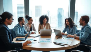 Collaborative business team strategizing in a professional office setting.