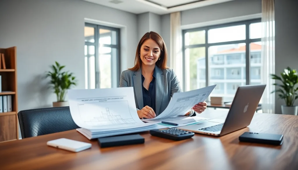 Księgowość dla firmy budowlanej przedstawiona w profesjonalnym biurze, księgowy przeglądający finanse związane z budową.