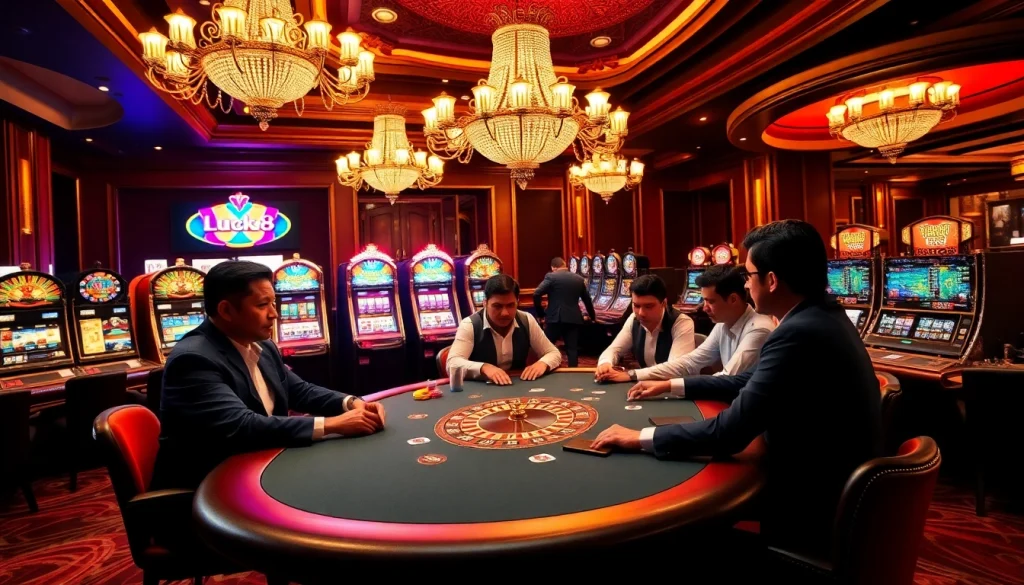Experience excitement at luck8's professional casino featuring a vibrant poker game and dazzling slot machines.