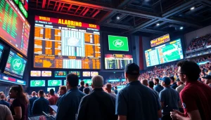 Engaged fans participating in sports betting in Alabama with vibrant atmosphere.