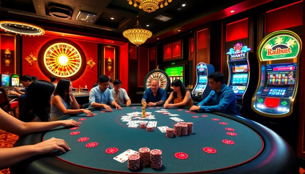 Engaging players at a beautiful casino poker table at XN88, portraying excitement and luxury in gambling.