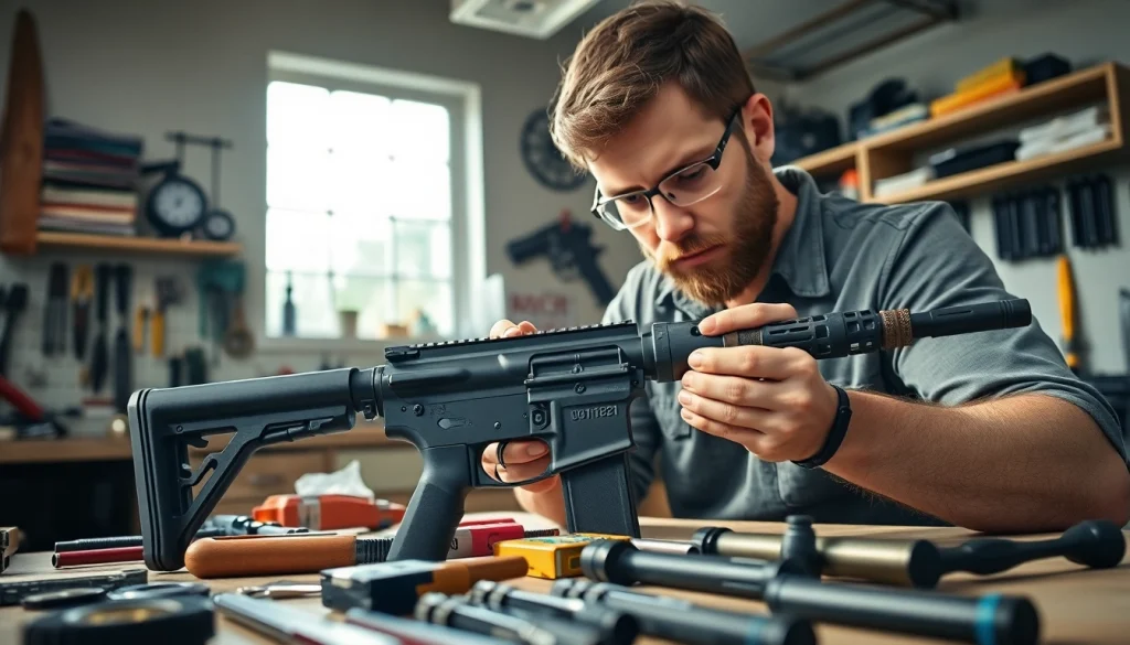 Assembling a polymer 80 kit with detailed tools in a bright workshop.