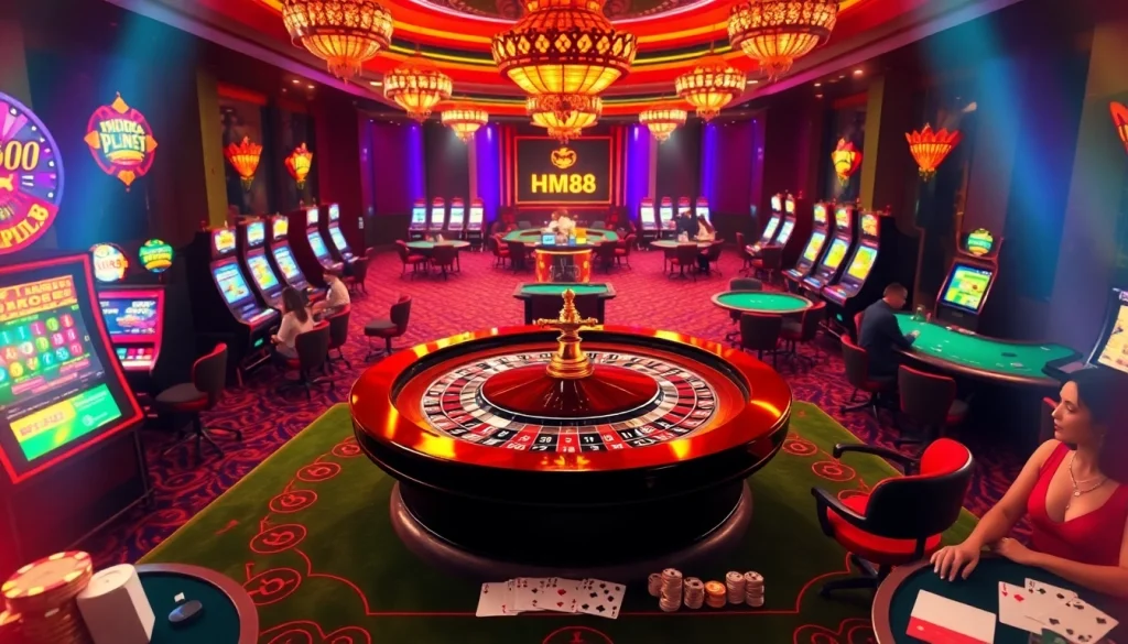 Experience the thrill of gaming at HM88 casino with lively roulette and poker tables in a vibrant setting.