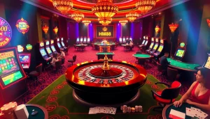 Experience the thrill of gaming at HM88 casino with lively roulette and poker tables in a vibrant setting.