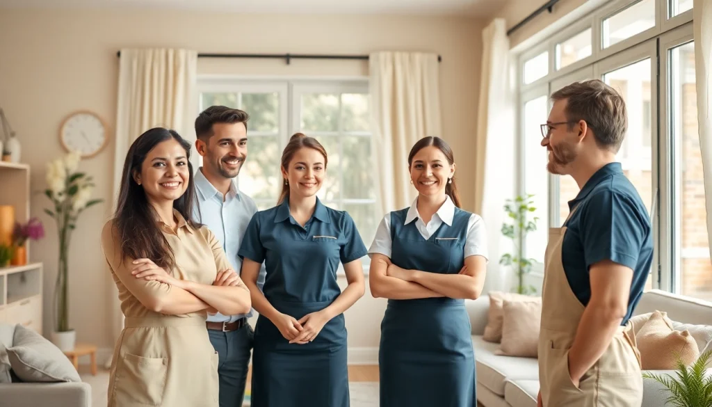 Maid agency professionals engaging with clients in a welcoming home environment.