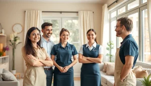 Maid agency professionals engaging with clients in a welcoming home environment.
