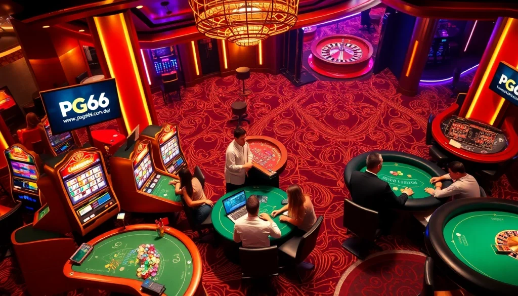 Experience exciting gameplay at https://pg66.com.de/ with vibrant slot machines and poker tables in a luxurious casino setting.